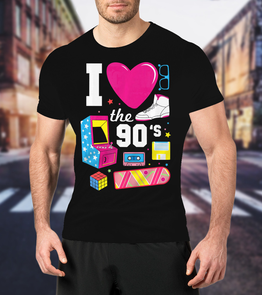 I Love The 90s Retro Arcade Cassette Sneaker Skateboard Rubik's Cube Floppy Disk T-Shirt