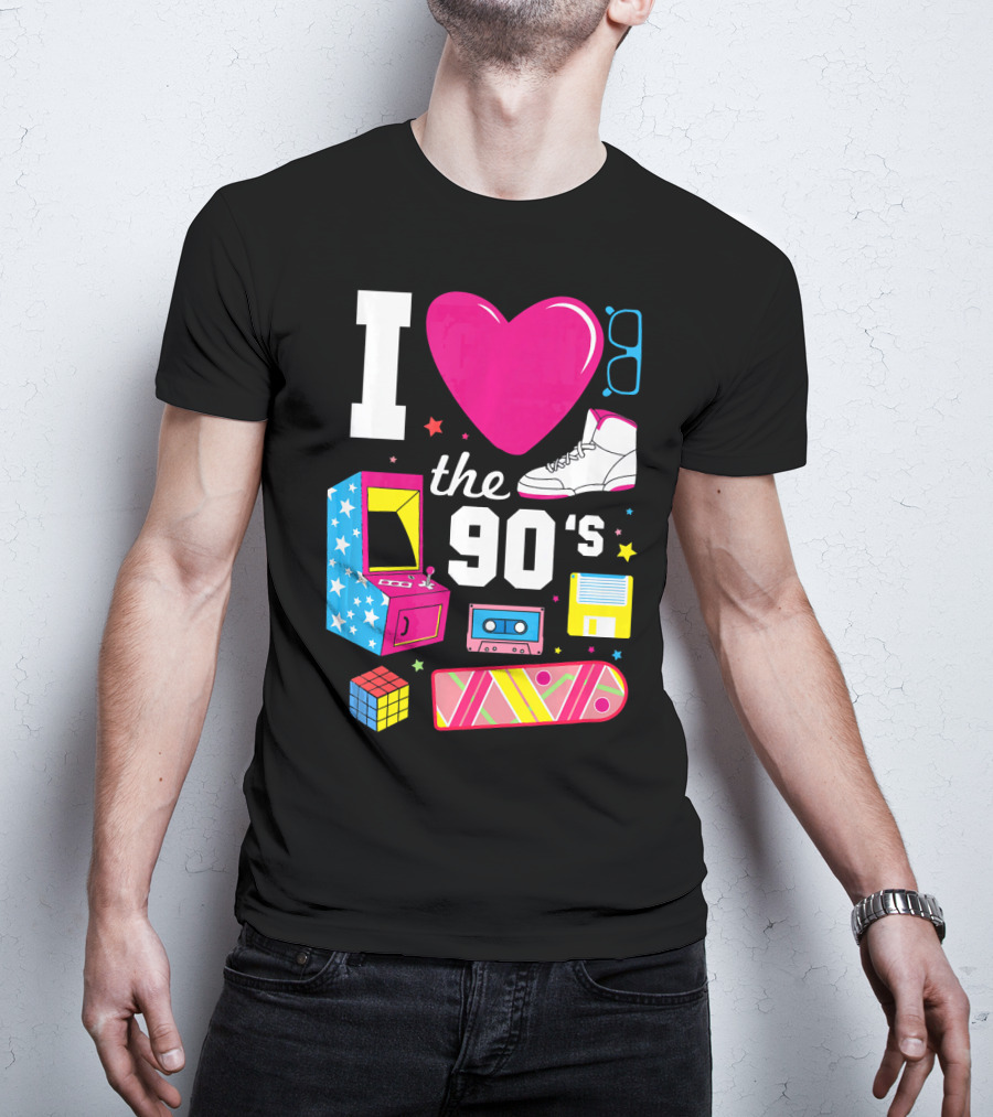 I Love The 90s Retro Arcade Cassette Sneaker Skateboard Rubik's Cube Floppy Disk T-Shirt