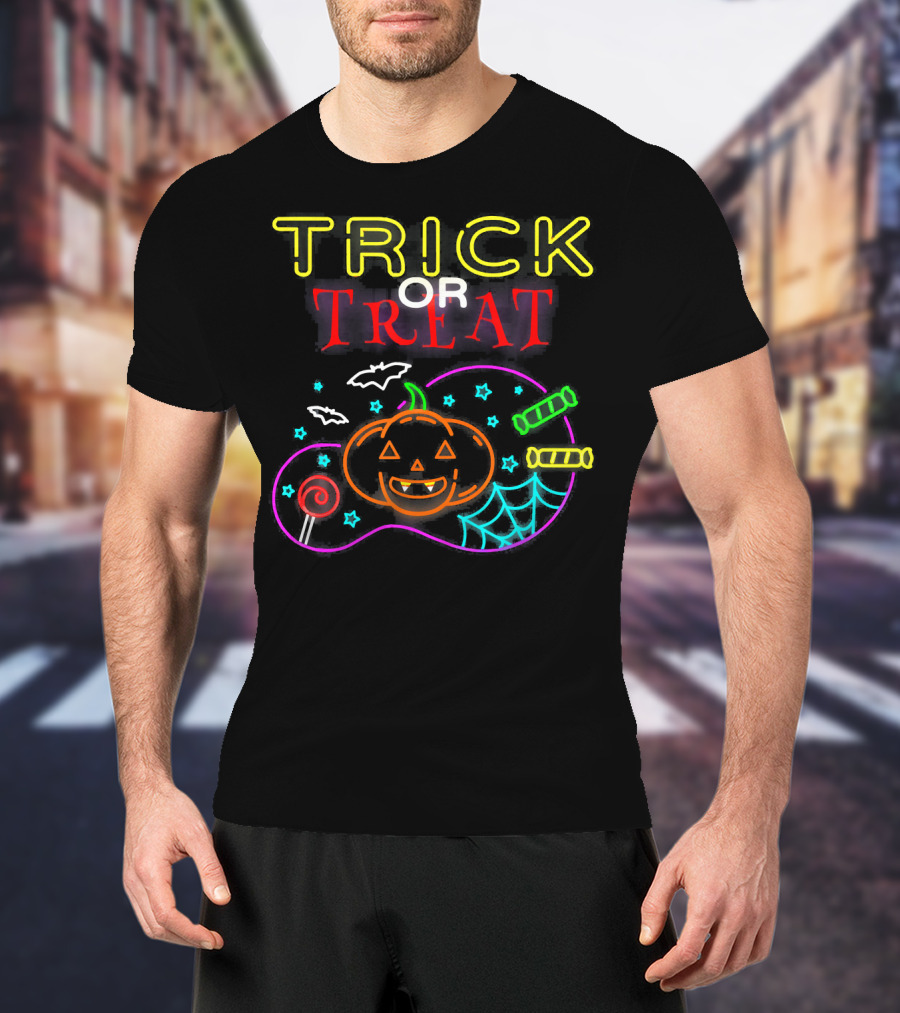 TRICK OR TREAT Scary Halloween Pumpkin Candy Bats Web Neon T-Shirt