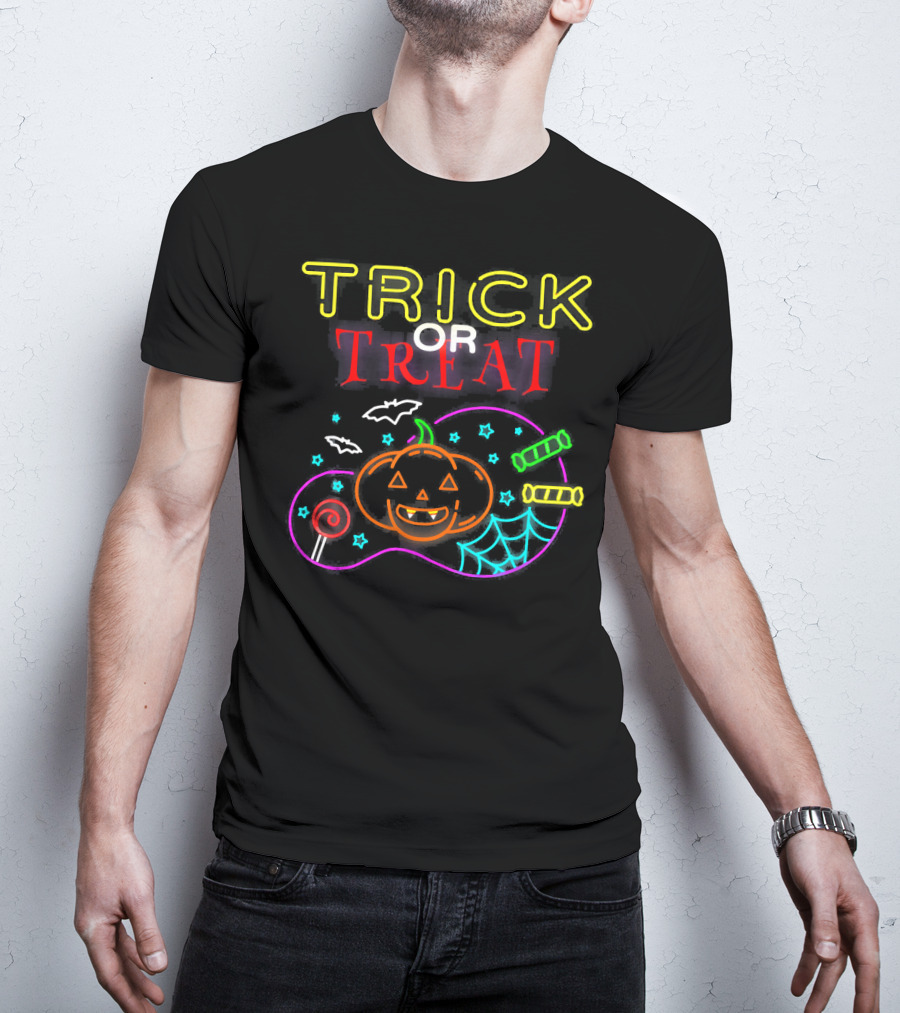TRICK OR TREAT Scary Halloween Pumpkin Candy Bats Web Neon T-Shirt