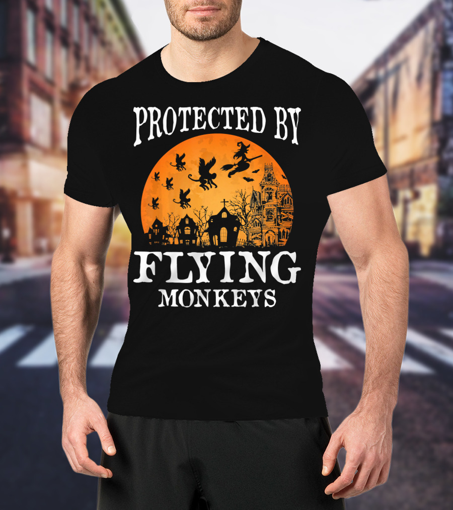 Protected By Flying Monkeys Halloween Witch Silhouette Orange Moon Mansion Scene T-Shirt