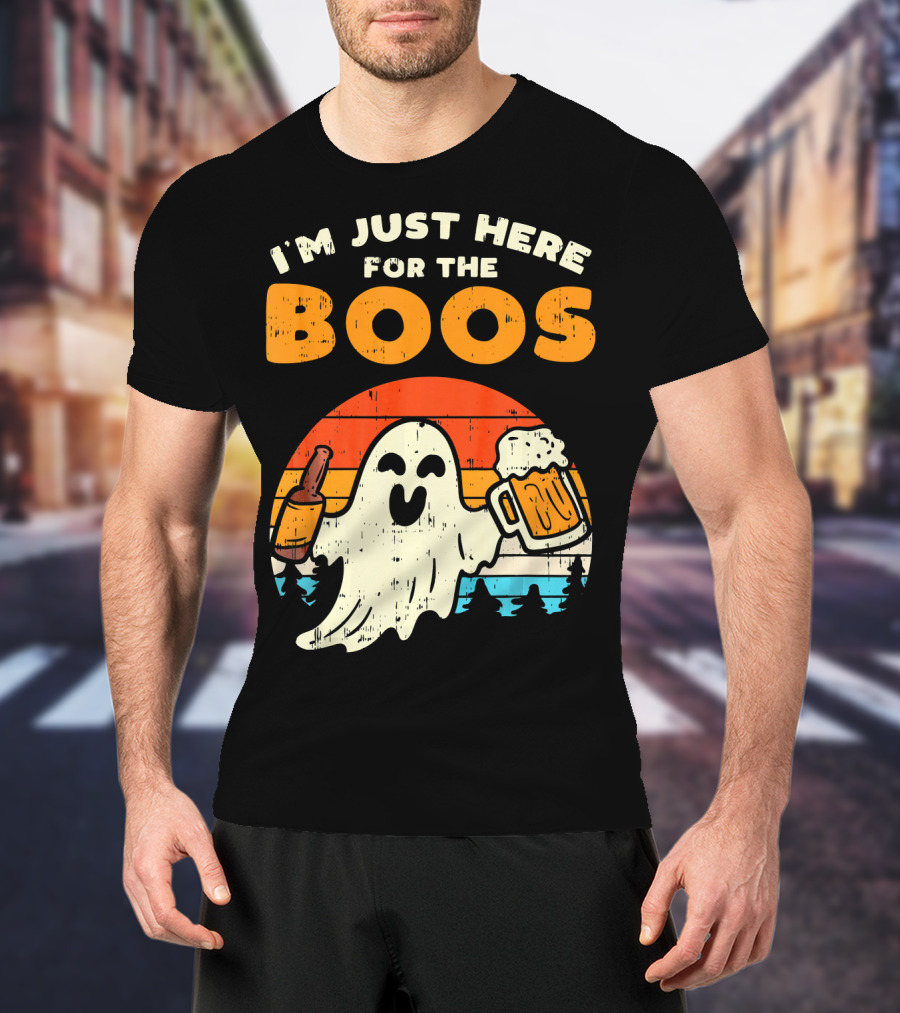 I'm Just Here For The Boos Retro Ghost With Drink And Bee T-Shirt
