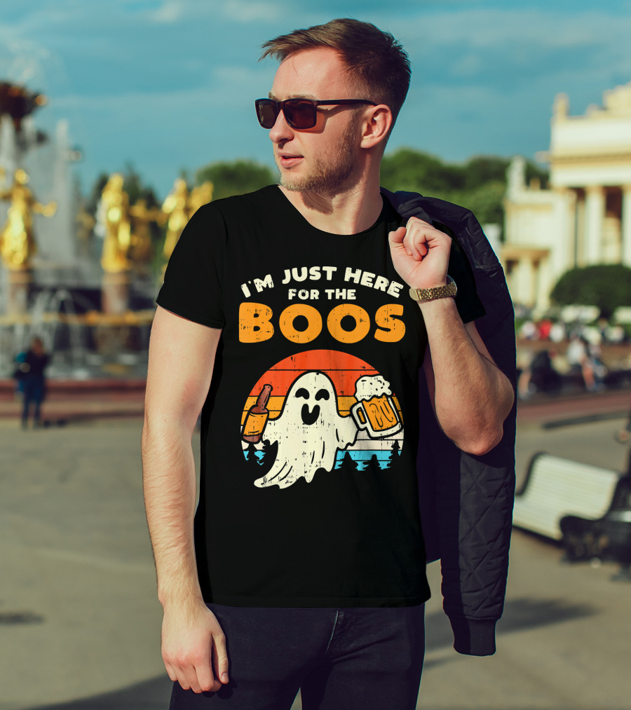 I'm Just Here For The Boos Retro Ghost With Drink And Bee T-Shirt