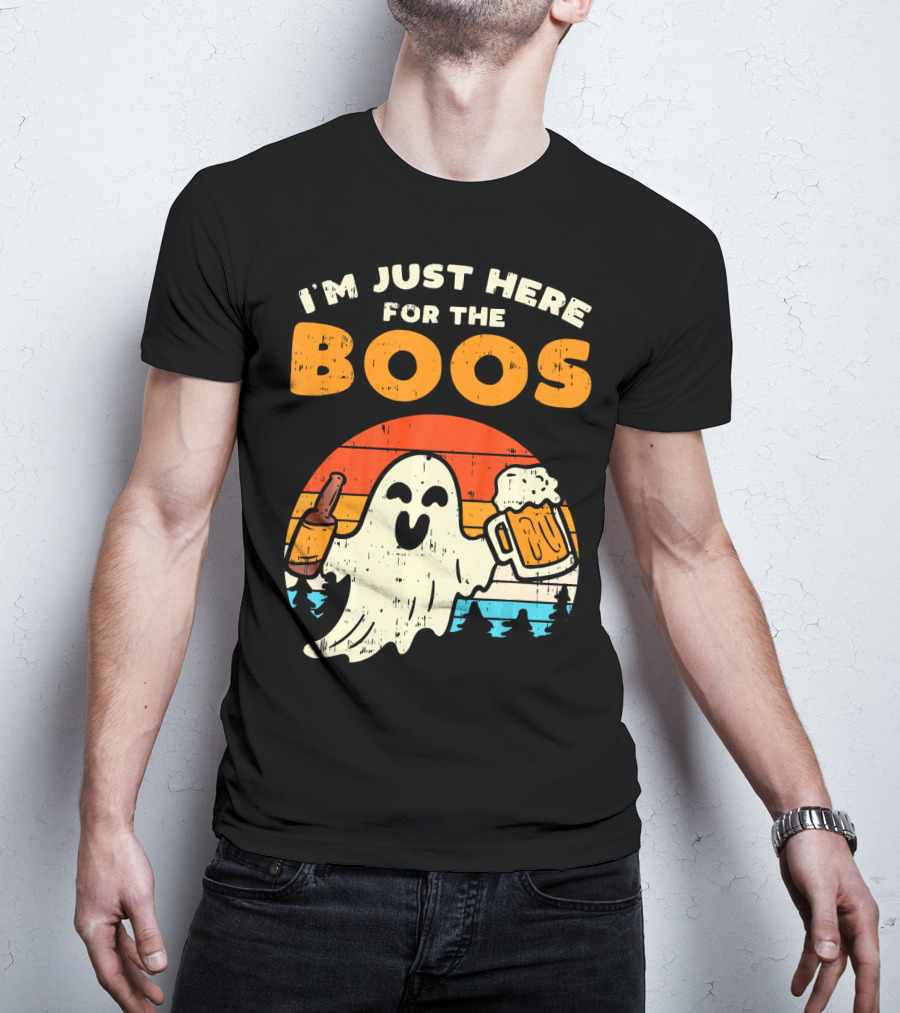 I'm Just Here For The Boos Retro Ghost With Drink And Bee T-Shirt
