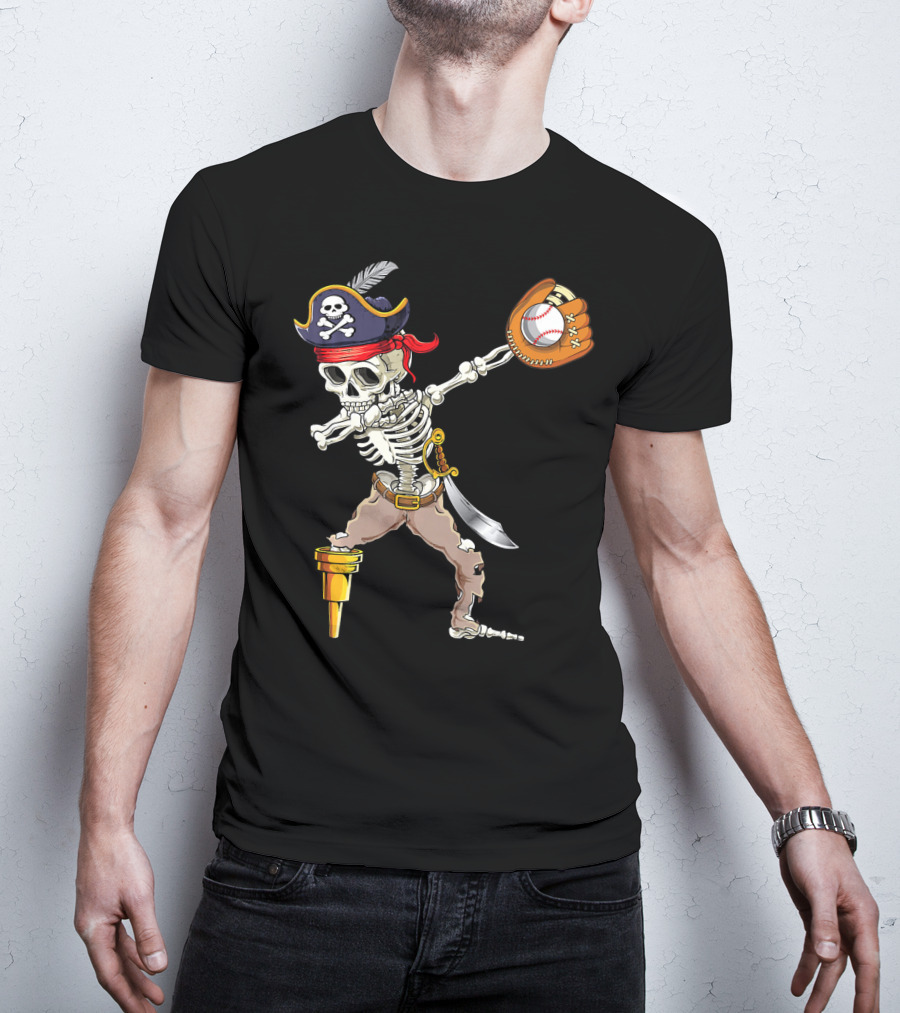 Pirate Skeleton Dabbing With Baseball Glove And Ball T-Shirt