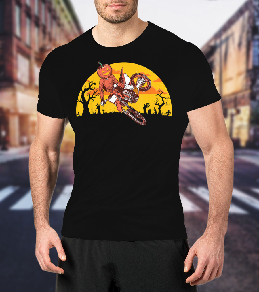 Halloween Pumpkin Head Motocross Trick With Haunted Trees And Sunset T-Shirt
