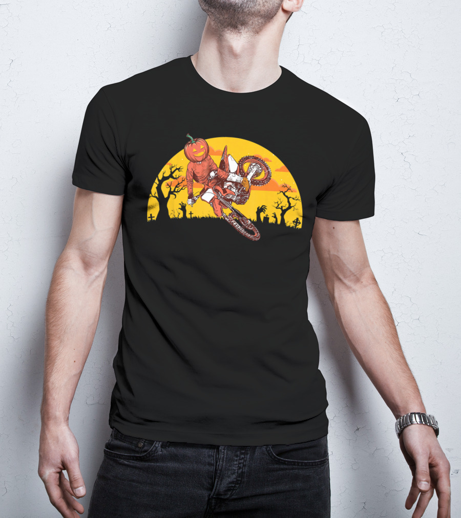 Halloween Pumpkin Head Motocross Trick With Haunted Trees And Sunset T-Shirt