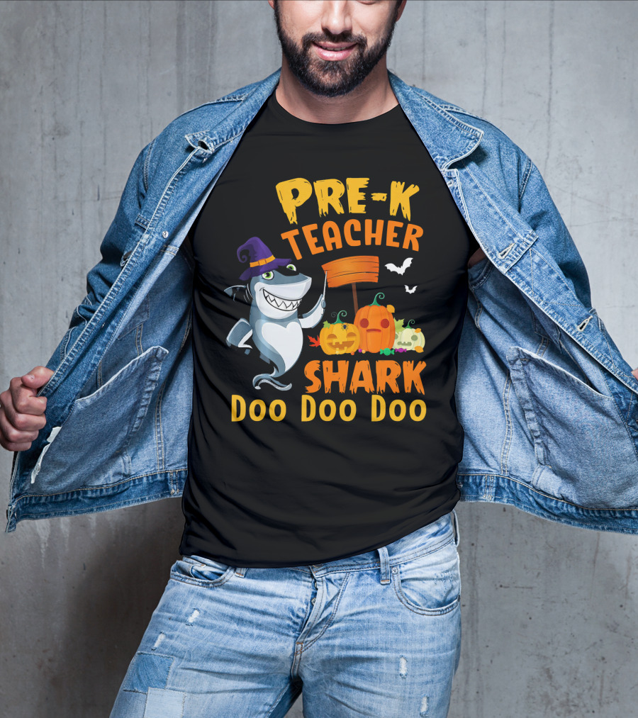 Pre-K Teacher Shark Doo Doo Doo Halloween Witch Pumpkins Bats T-Shirt