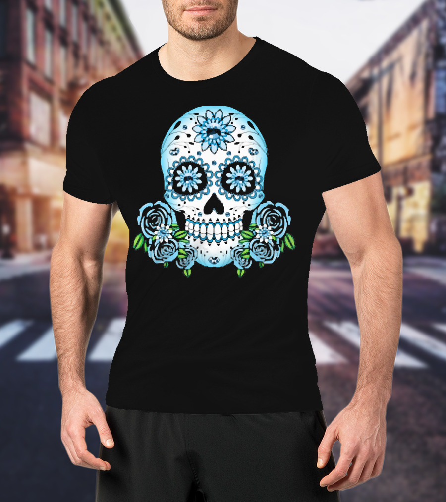 Blue Flowers Sugar Skull Día De Los Muertos Roses T-Shirt