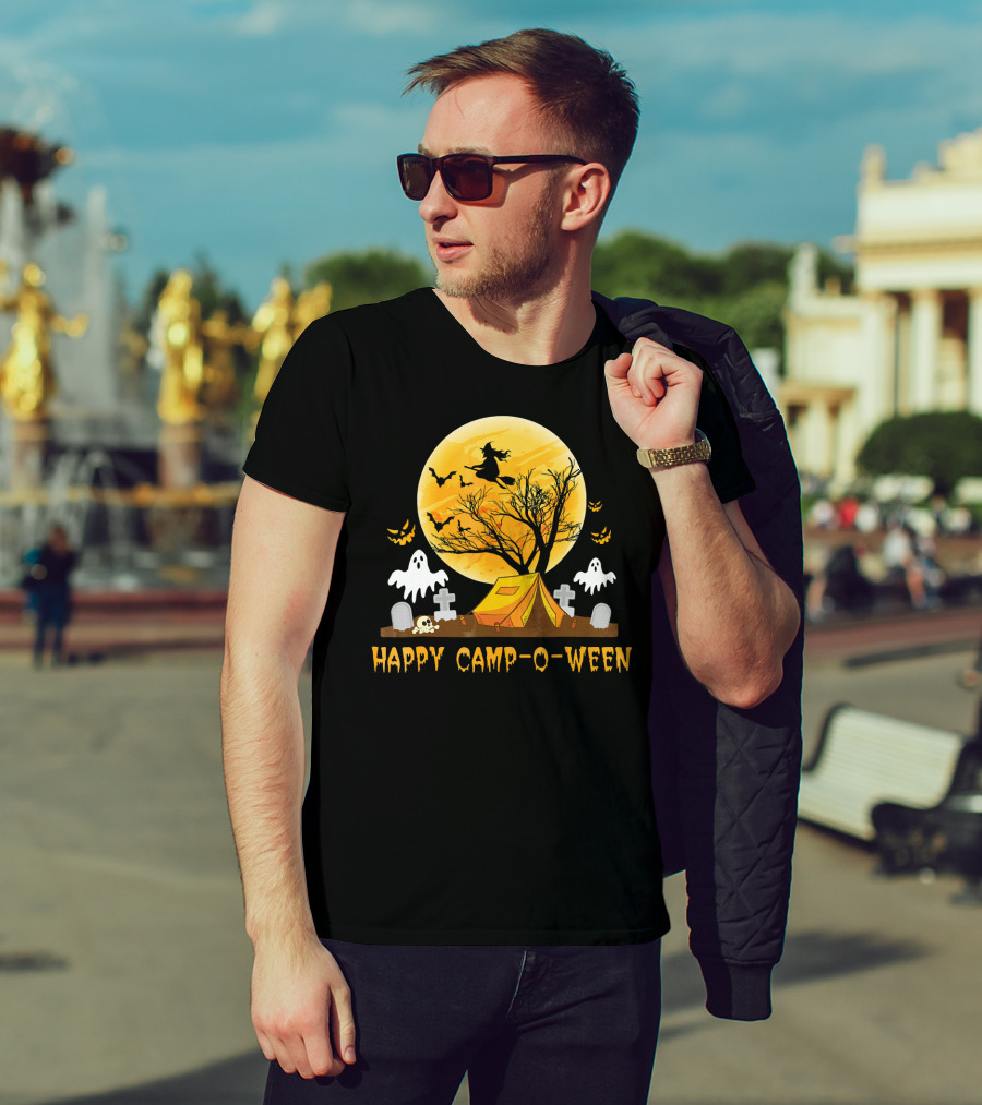 Happy Camp-O-Ween Witch Ghosts Halloween Camping Graveyard Moon T-Shirt