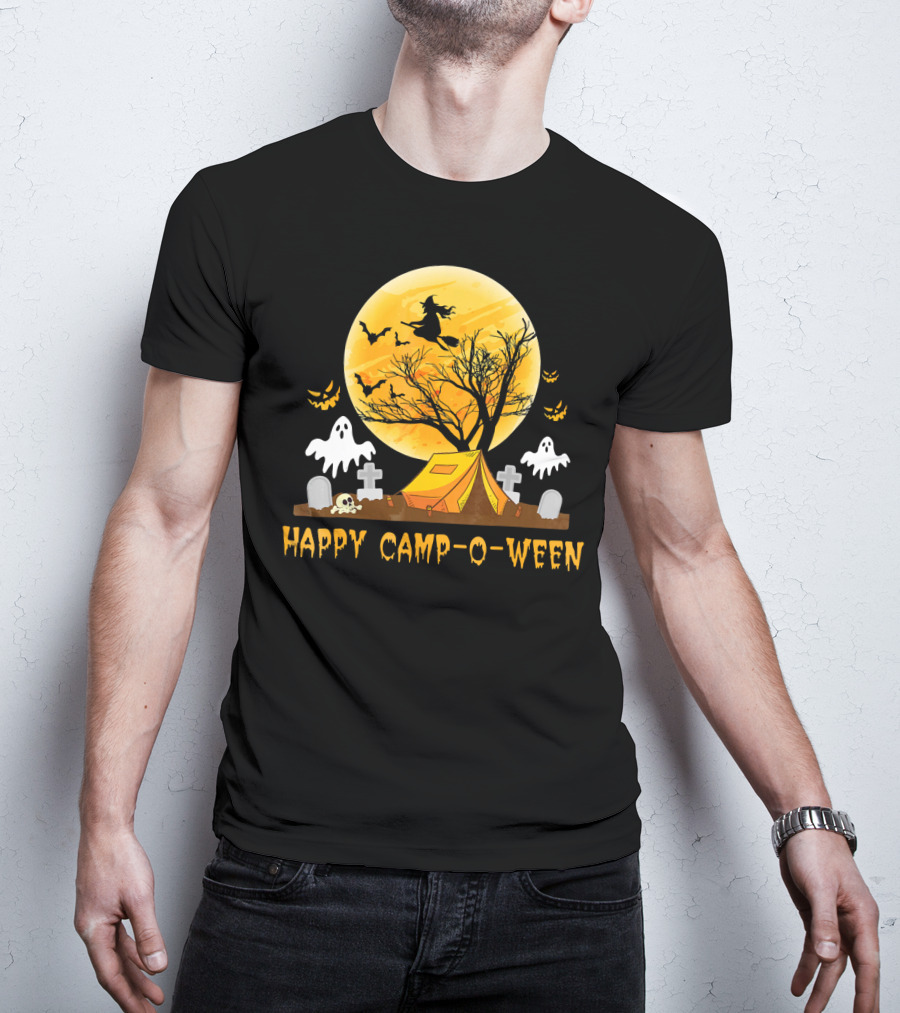 Happy Camp-O-Ween Witch Ghosts Halloween Camping Graveyard Moon T-Shirt