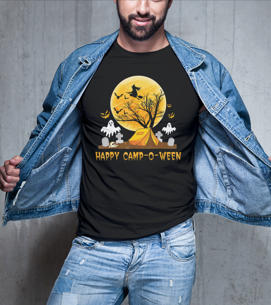 Happy Camp-O-Ween Witch Ghosts Halloween Camping Graveyard Moon T-Shirt
