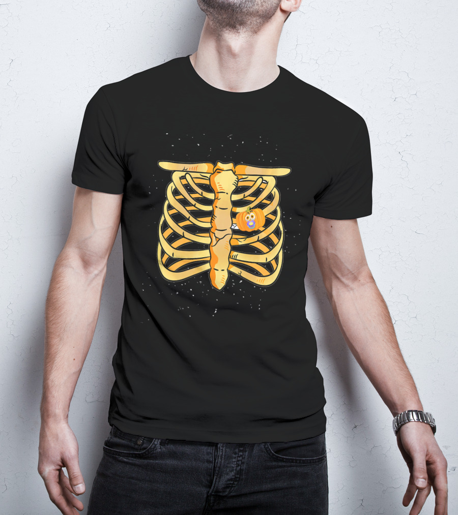 Pregnant Skeleton Announcement Pumpkin Baby Bump Ribcage Halloween T-Shirt