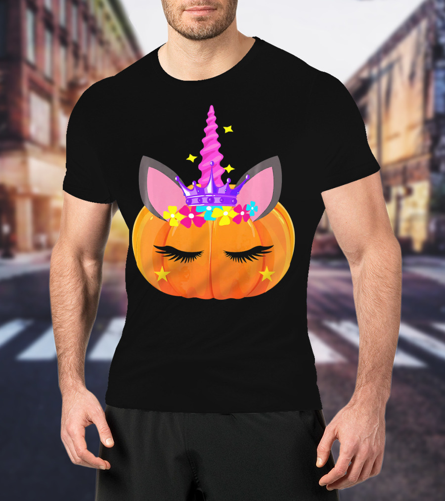 Halloween Pumpkin Unicorn With Floral Crown And Stars T-Shirt
