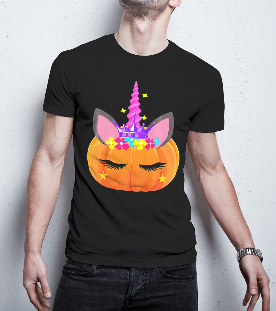 Halloween Pumpkin Unicorn With Floral Crown And Stars T-Shirt