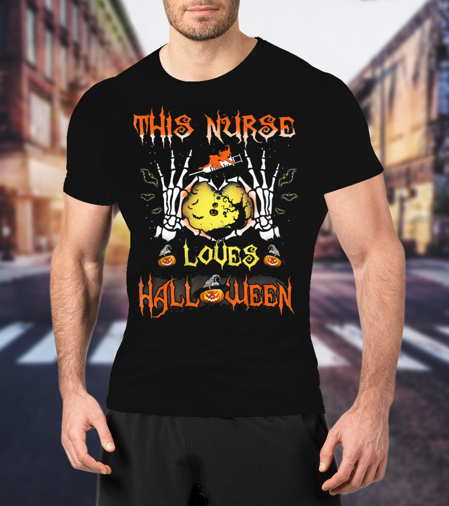 This Nurse Loves Halloween Pumpkin Skeleton Hands T-Shirt