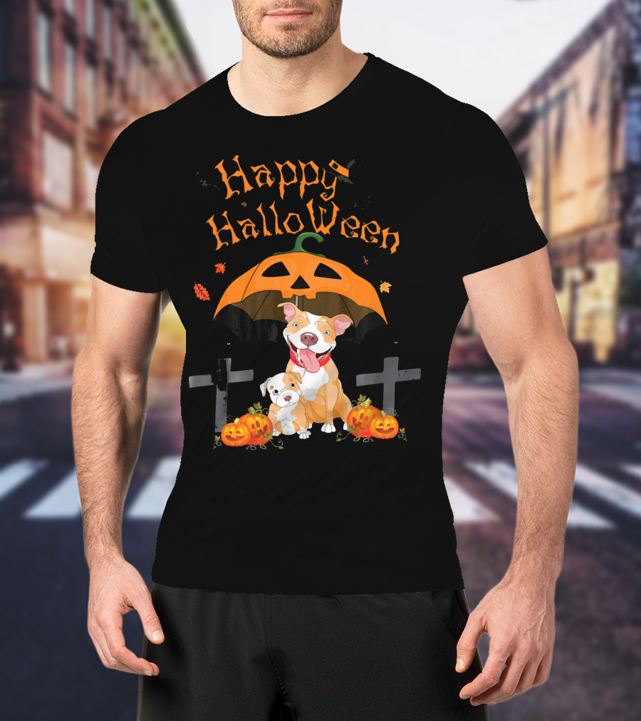 Happy Halloween Pumpkin Pitbulls With Jack O'Lantern And Crosses T-Shirt
