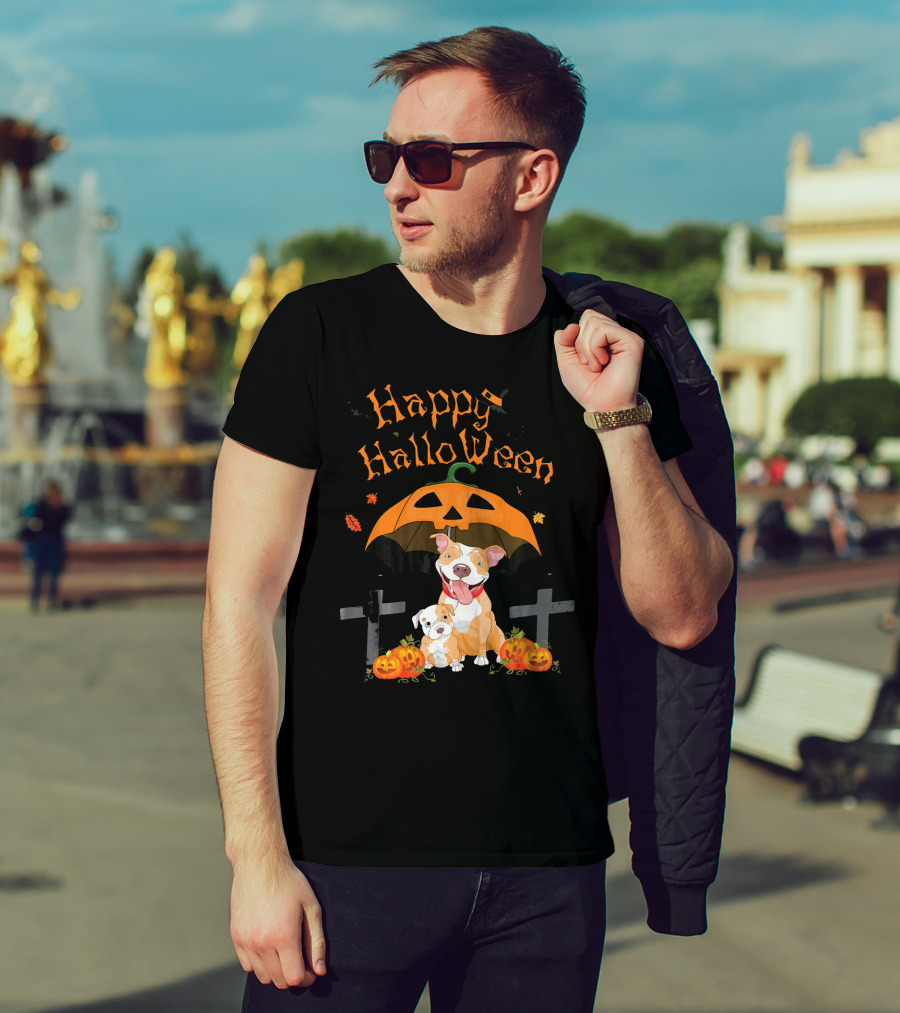 Happy Halloween Pumpkin Pitbulls With Jack O'Lantern And Crosses T-Shirt