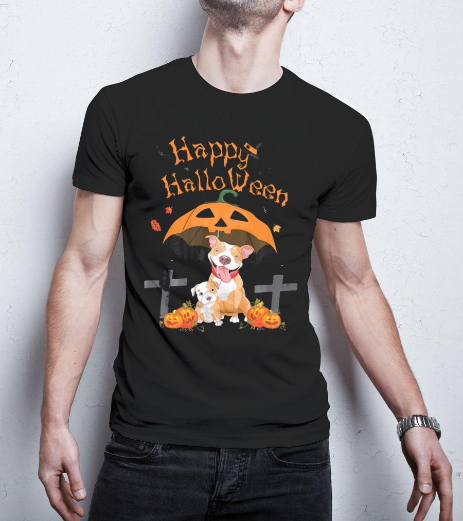 Happy Halloween Pumpkin Pitbulls With Jack O'Lantern And Crosses T-Shirt