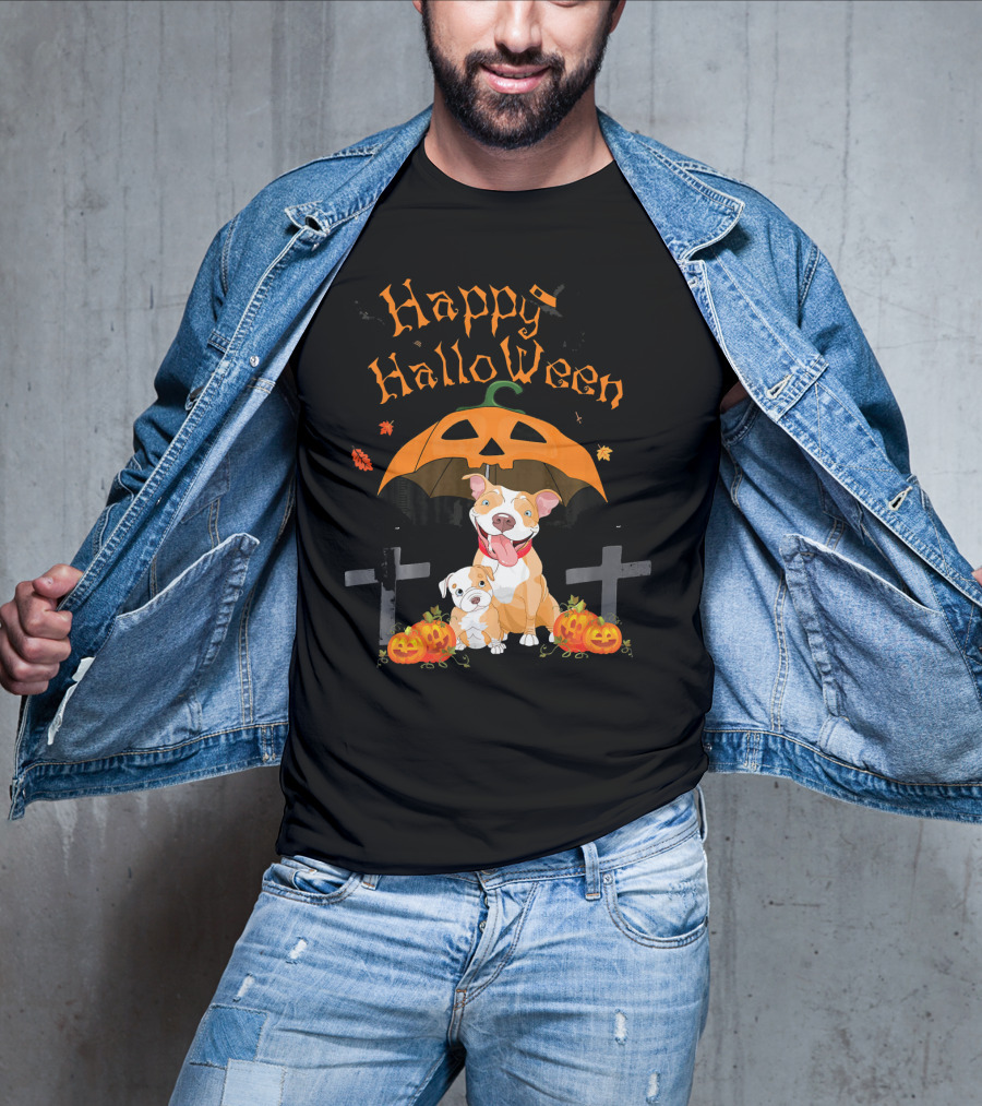 Happy Halloween Pumpkin Pitbulls With Jack O'Lantern And Crosses T-Shirt