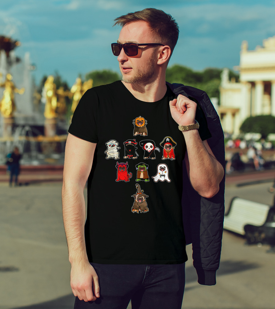 Pug Halloween Costume Lion Mummy Ninja Grim Reaper Pirate Devil Frankenstein Ghost Witch T-Shirt
