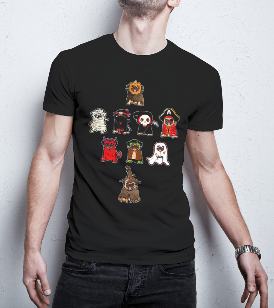 Pug Halloween Costume Lion Mummy Ninja Grim Reaper Pirate Devil Frankenstein Ghost Witch T-Shirt