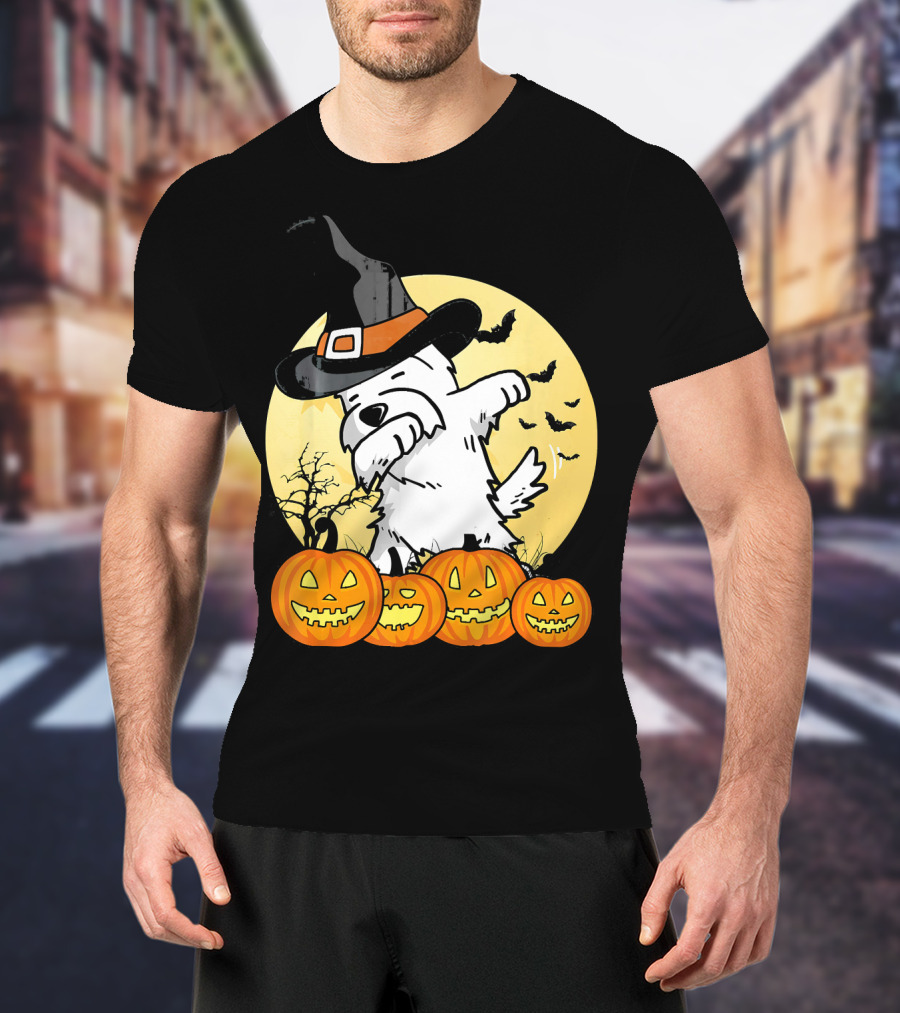 Funny Dabbing Westie Witch With Pumpkins And Bats Halloween Dog Dance T-Shirt