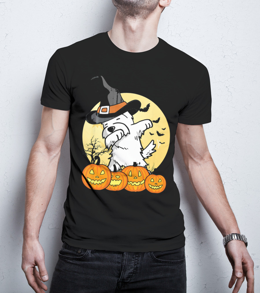 Funny Dabbing Westie Witch With Pumpkins And Bats Halloween Dog Dance T-Shirt