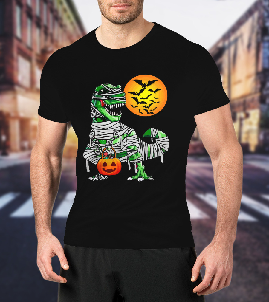 Tyrannosaurus Rex Dinosaur Mummy With Pumpkin And Bats Halloween Boy T-Shirt