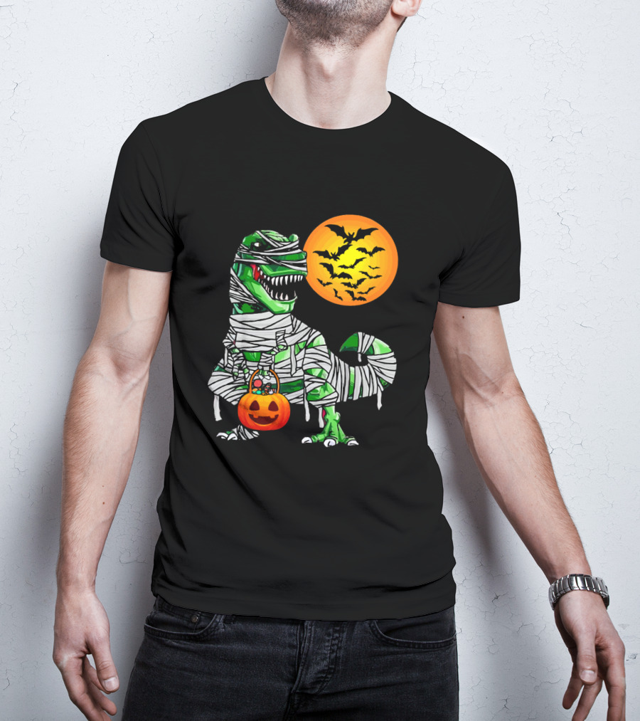 Tyrannosaurus Rex Dinosaur Mummy With Pumpkin And Bats Halloween Boy T-Shirt