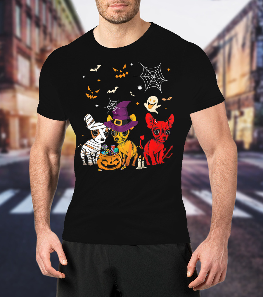 Three Chihuahuas Halloween Mummy Witch Devil T-Shirt