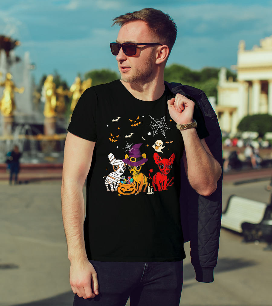 Three Chihuahuas Halloween Mummy Witch Devil T-Shirt