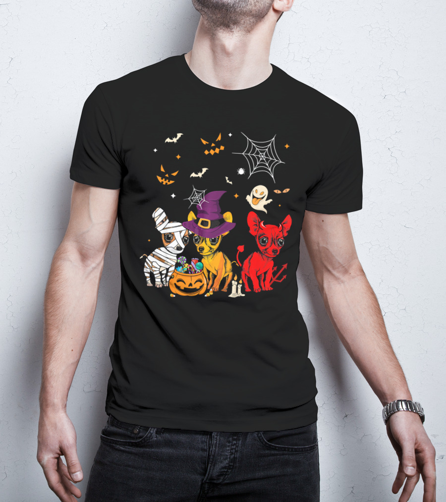 Three Chihuahuas Halloween Mummy Witch Devil T-Shirt