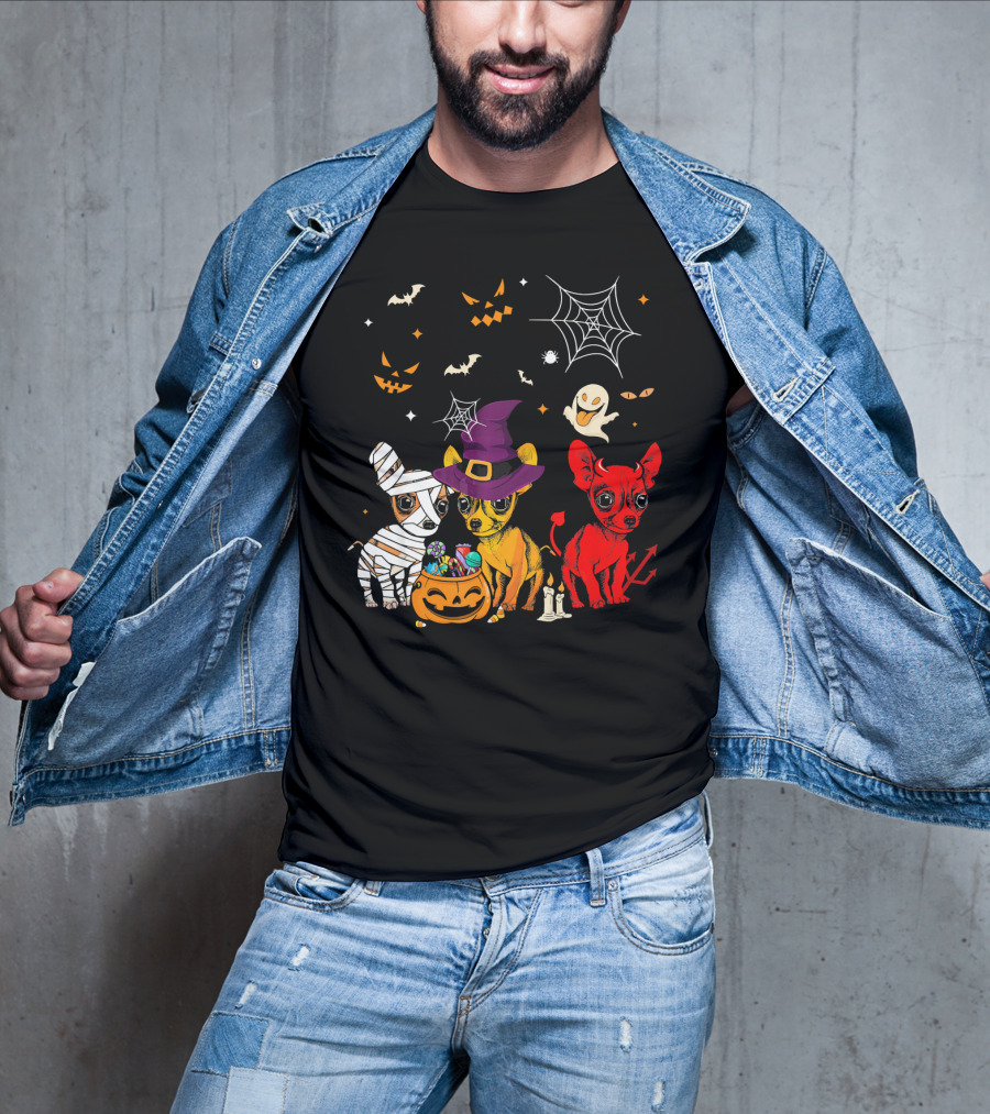 Three Chihuahuas Halloween Mummy Witch Devil T-Shirt