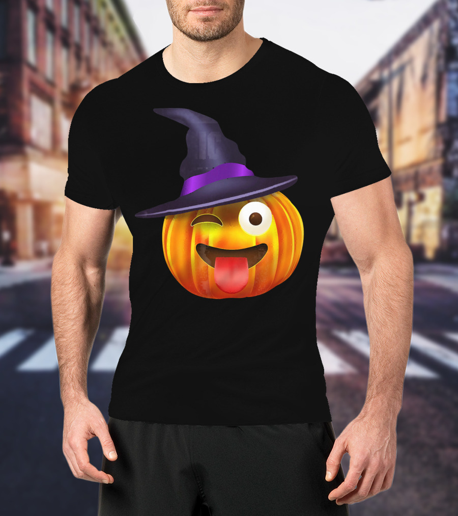 Halloween Costume Emoji Pumpkin Witch Hat Face T-Shirt