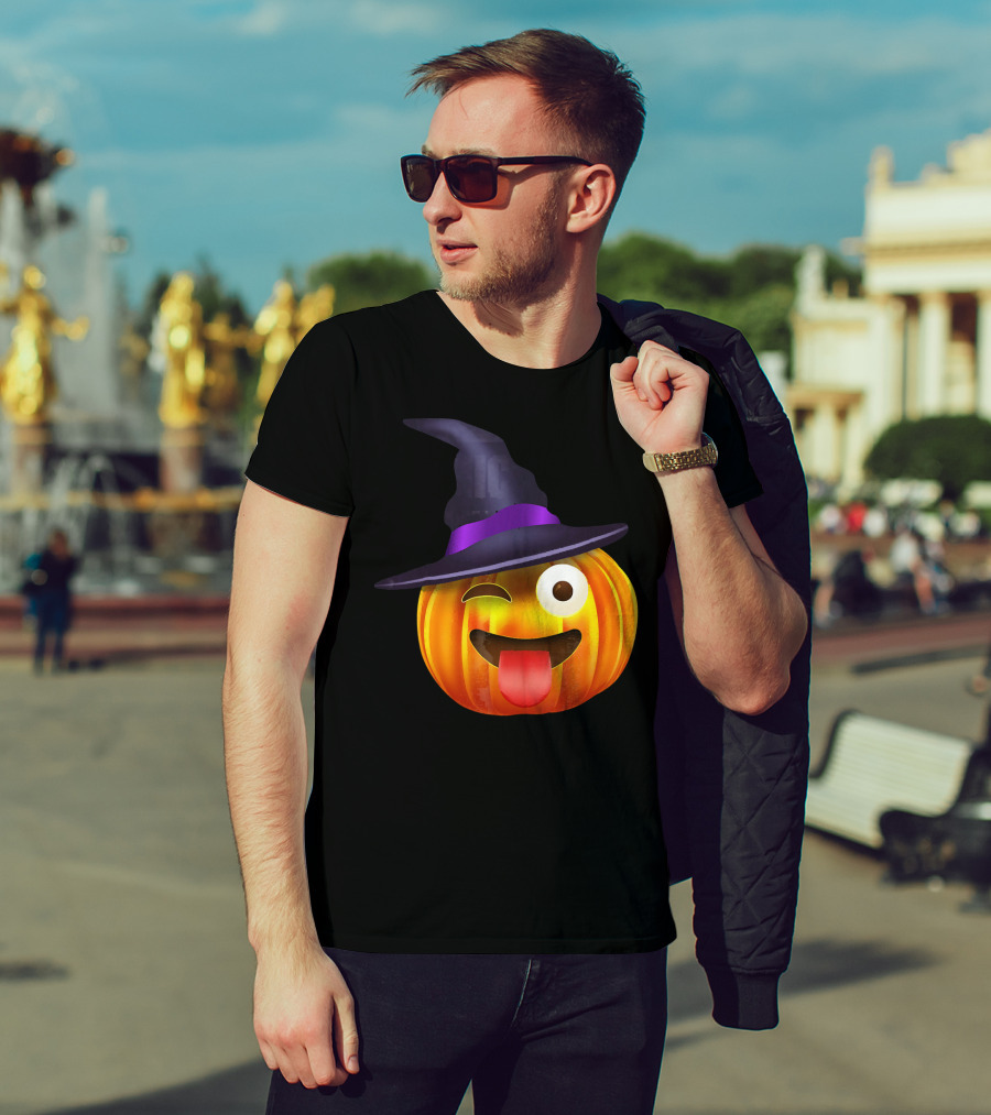 Halloween Costume Emoji Pumpkin Witch Hat Face T-Shirt