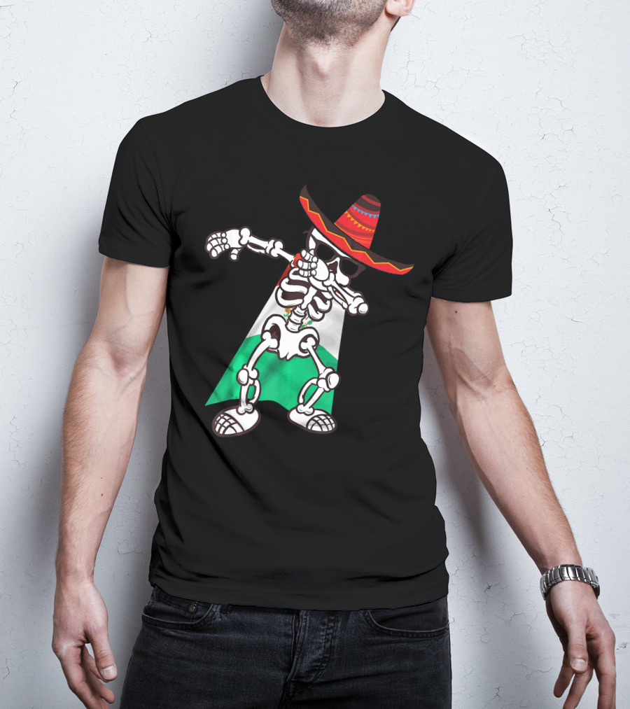 Cinco De Mayo Skeleton Dabbing With Sombrero And Mexican Flag Cape T-Shirt