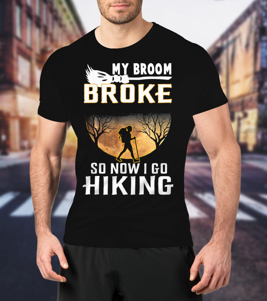 My Broom Broke So Now I Go Hiking Full Moon Silhouette Adventure T-Shirt