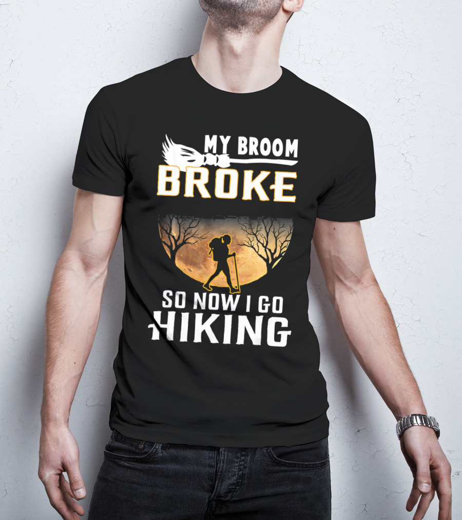 My Broom Broke So Now I Go Hiking Full Moon Silhouette Adventure T-Shirt
