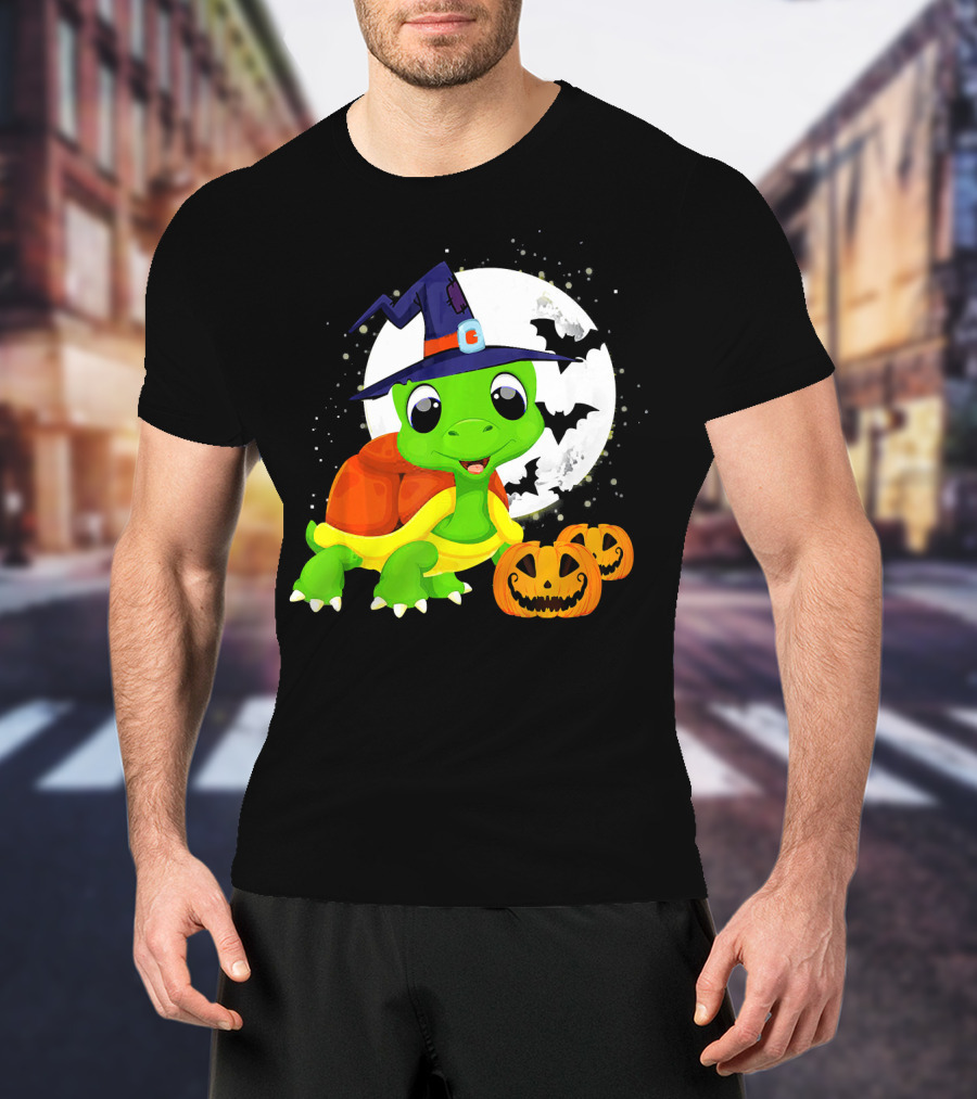 Turtle Witch Halloween Pumpkin Moon And Bats T-Shirt