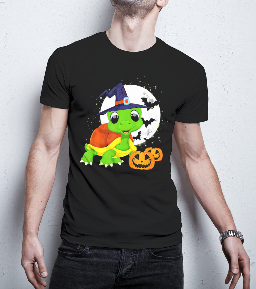 Turtle Witch Halloween Pumpkin Moon And Bats T-Shirt