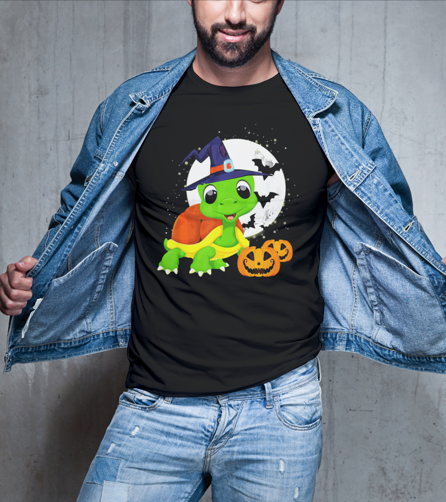 Turtle Witch Halloween Pumpkin Moon And Bats T-Shirt