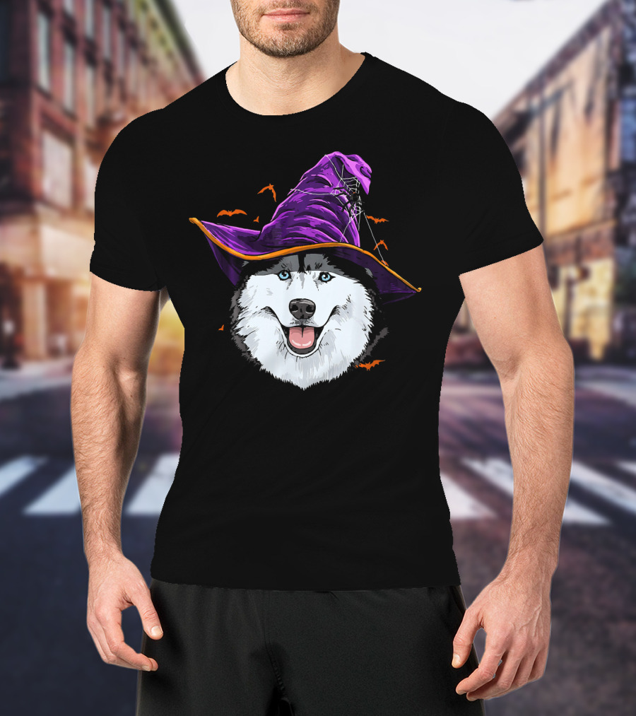Siberian Husky Purple Witch Hat With Bats And Cobwebs T-Shirt