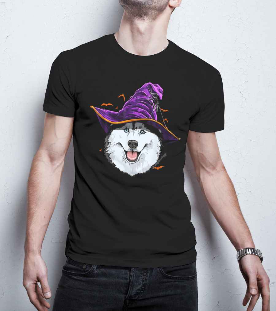 Siberian Husky Purple Witch Hat With Bats And Cobwebs T-Shirt