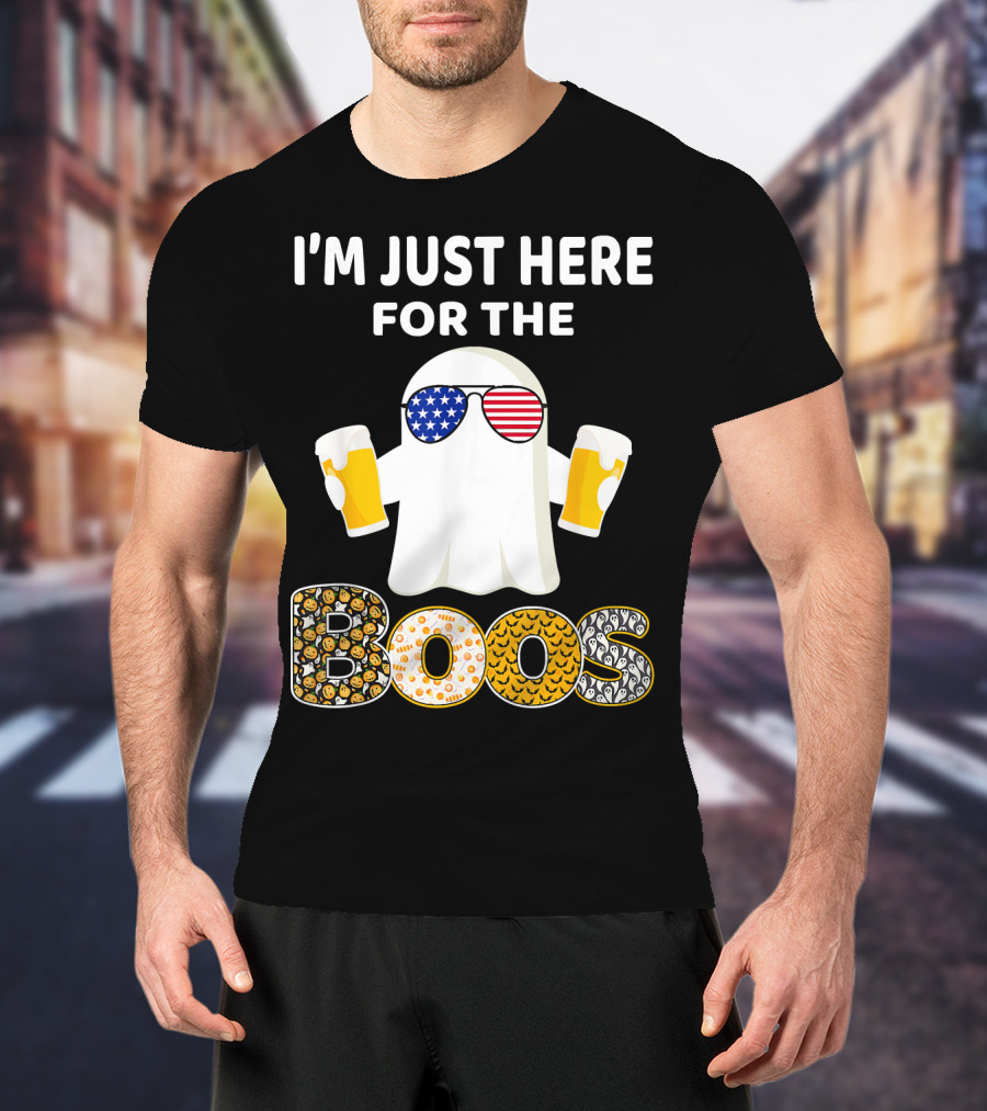 I'm Just Here For The Boos Ghost With American Flag Sunglasses And Beer T-Shirt