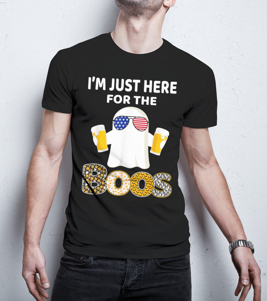 I'm Just Here For The Boos Ghost With American Flag Sunglasses And Beer T-Shirt