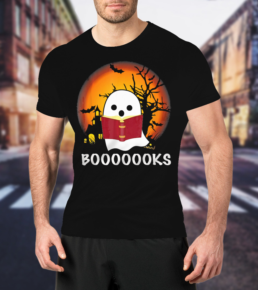 Boo Read Books Halloween Boooooooks Ghost With Red Book And Spooky Bats T-Shirt