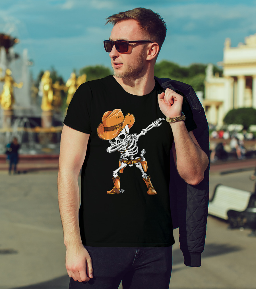 Dabbing Skeleton Cowboy In Orange Hat And Boots T-Shirt