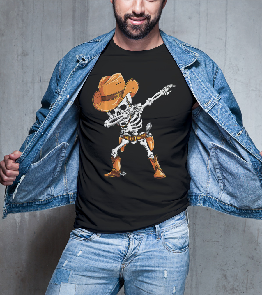 Dabbing Skeleton Cowboy In Orange Hat And Boots T-Shirt