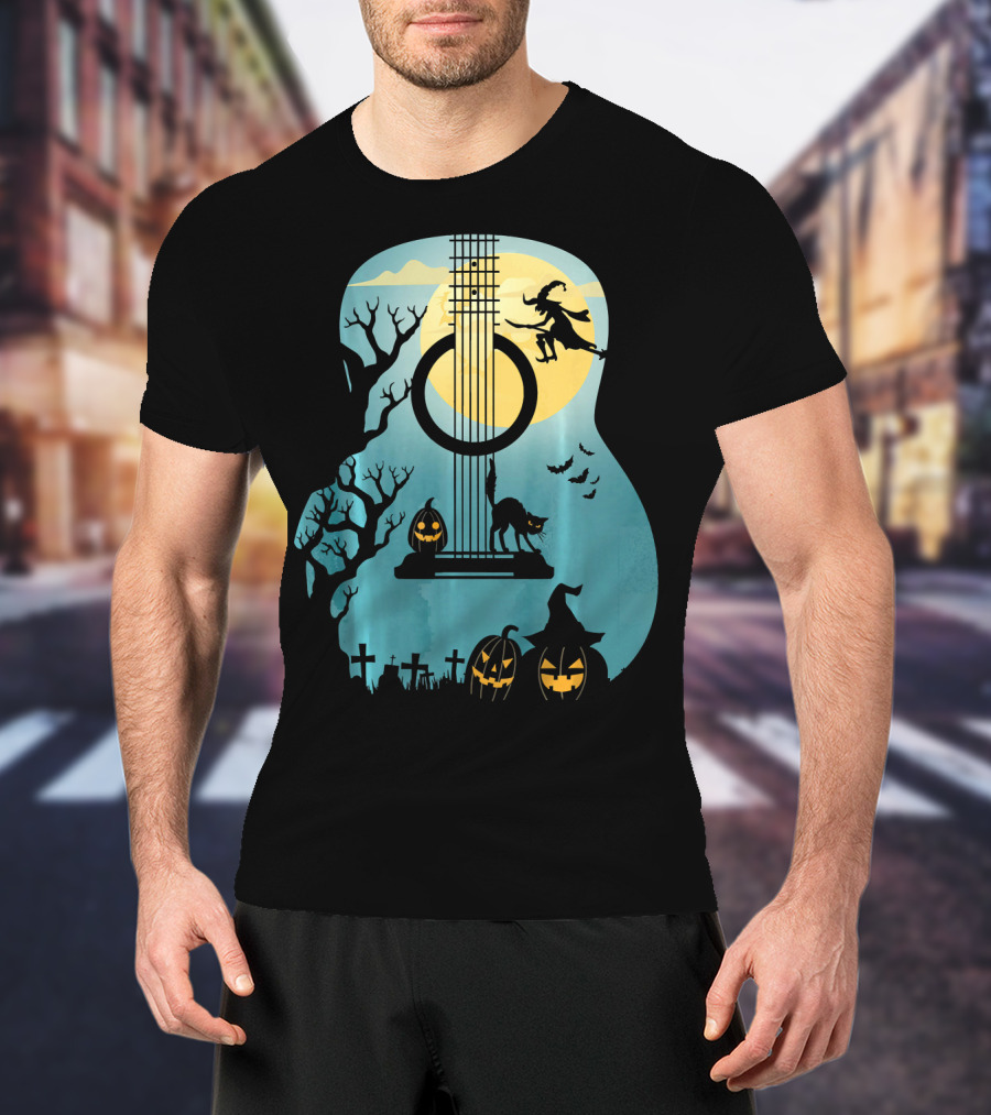 Halloween Guitar Witch Cat Pumpkins And Bat Scene T-Shirt